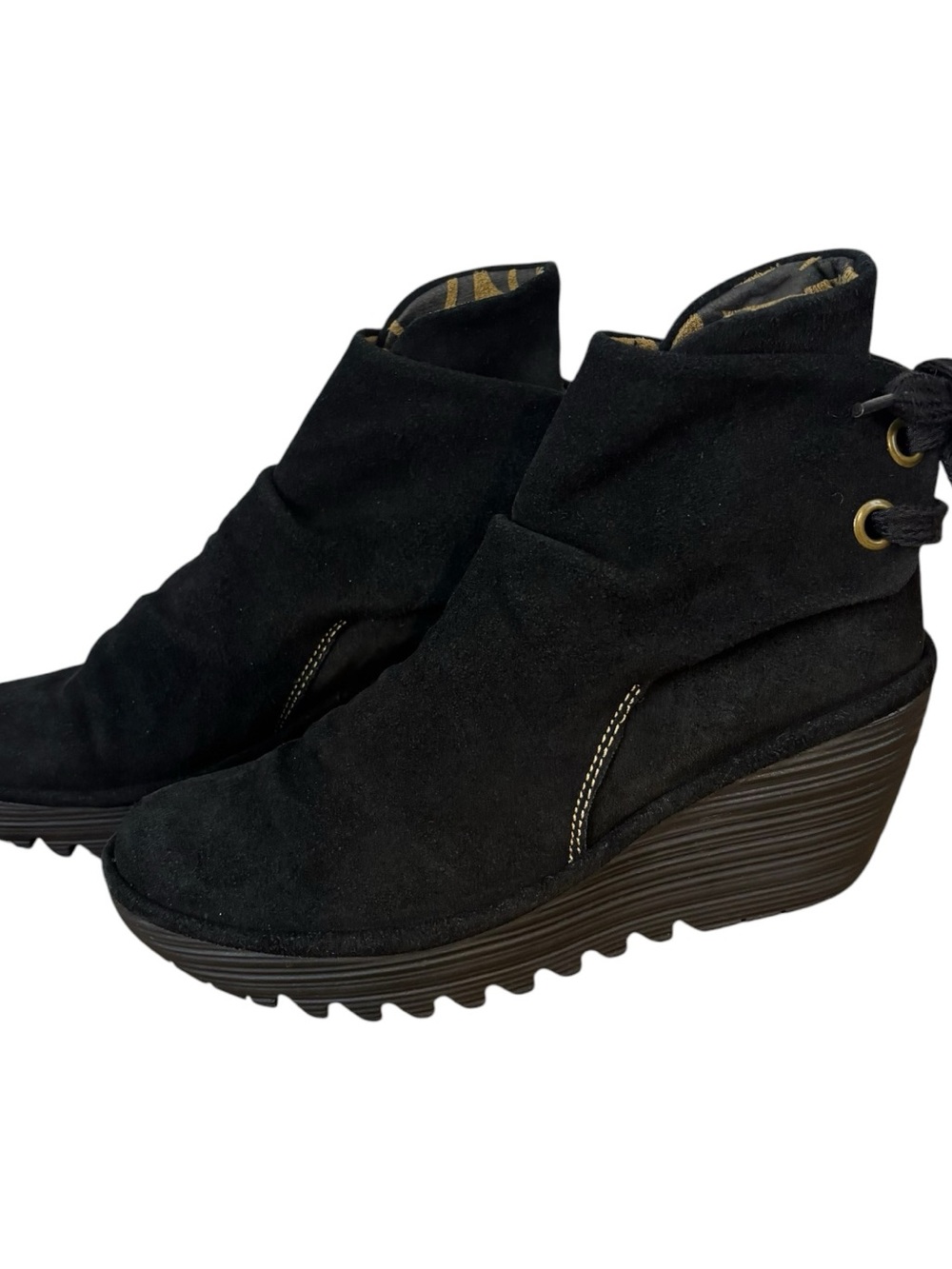 Fly London Womens Wedge Ankle Boots Shoes Black Suede Tie Back US 8.5 EU 39